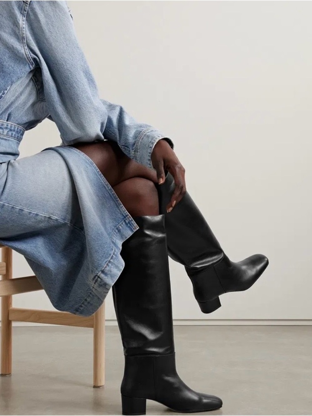 STAUD Black Leather Knee Boots with Low Block Heel Size EU37 pre-owned